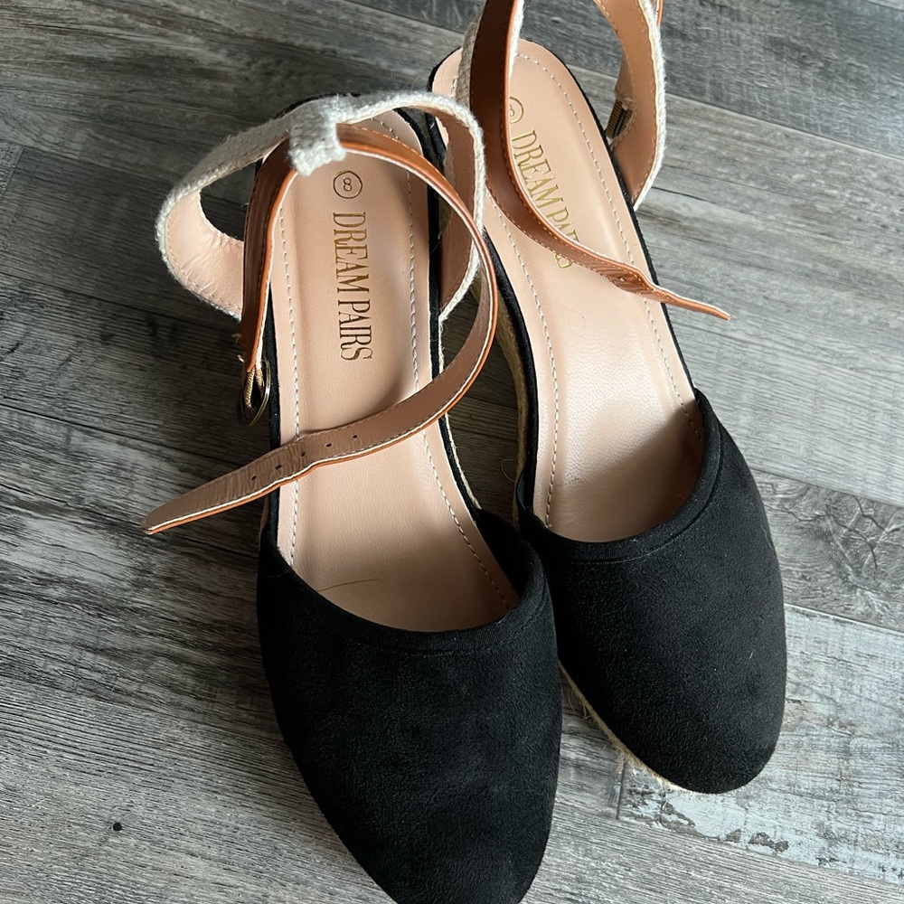 Black and tan espadrille sandals